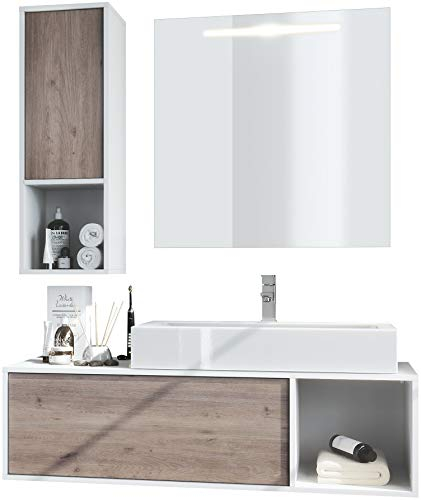 Vladon Badmöbel Komplettset La Costa, Made in Germany, Korpus in Weiß matt/Fronten in Eiche Nordic, mit Aufsatzwaschbecken, Armatur und LED Spiegel