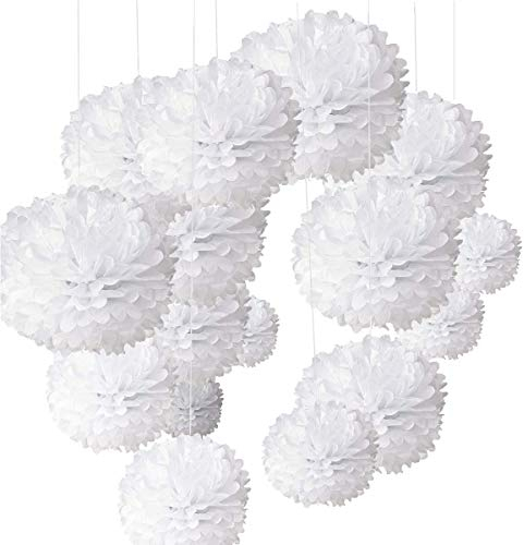 O-Kinee Pompon di Carta,24 Confezione Appendere Carta velina Pom-poms Flower Ball Kit per Matrimonio Festa di Compleanno Decorazione (Bianco)