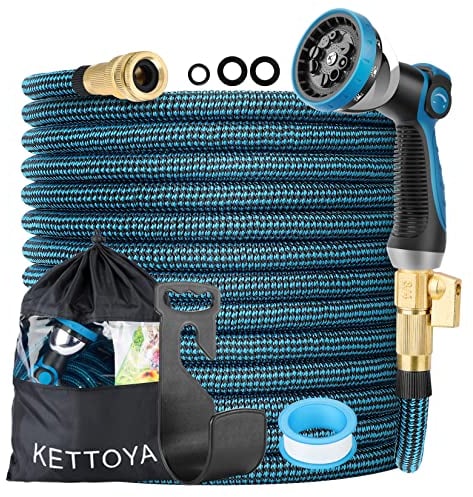 KETTOYA 100FT Expandable Garden Hose, Flexible Water Hose with 10-Pattern Spray Nozzle, Leak-proof Retractable Heavy Duty Hose Pipe, 4-layer Latex Core, Durable 3750D, Brass Alloy Connector, Kink-Free