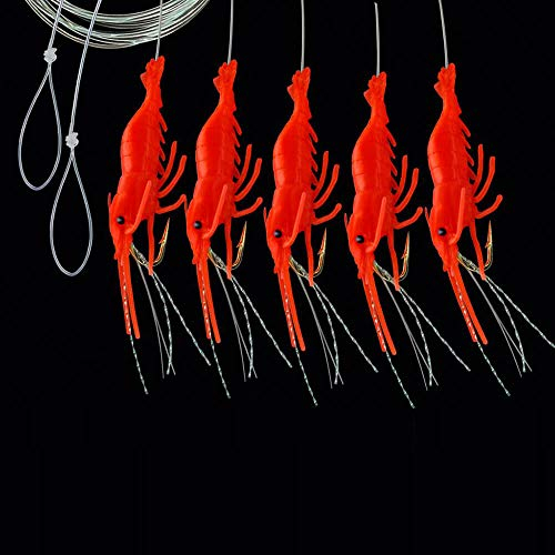 DEGA Makrelen-Shrimp Vorfach, mit 5 Seitenarmen, attraktive Shrimp-Imitate, Länge 150cm, Schnur 0,50mm, Hakengröße 1/0, 2 Farben zur Auswahl (Rot-Orange)