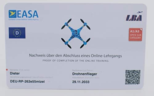 MJ Drohnenführerschein - mit QR-Code, Kompetenznachweis für A1-A3, A2 oder STS-Lizenz in Scheckkartengröße, hochwertige Plastikkarte mit EASA Kartenschuber optional