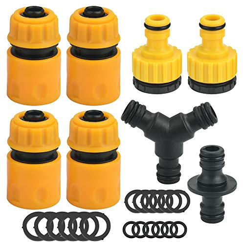 OTTYMO 8 Set Schlauchkupplung 4 Stück 4” Schlauchverbinder 2 Stück 1/2“auf 3/4” Schnellkupplung Anschluss 1 Dreiwege und Zweiwege mit 18 Unterlegscheiben Hahnverbinder Anschluss für Gartenschlauch