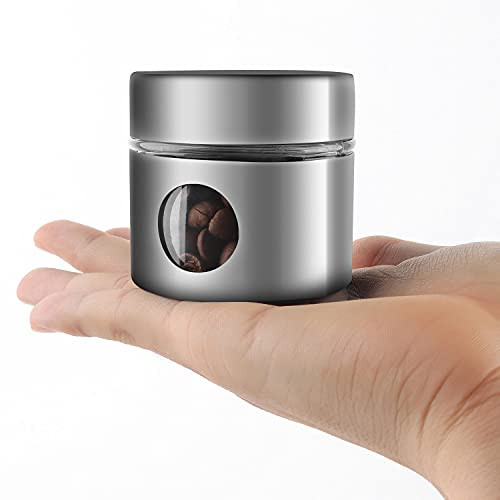 SIPLIV Mini boîte à café de voyage hermétique en acier inoxydable et verre - Idéal pour les grains de café et le café moulu - Argenté, 113,4 g