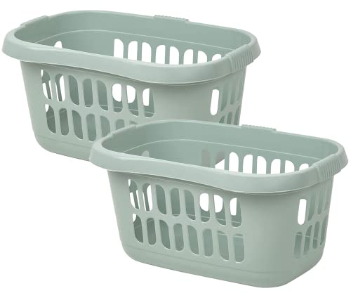 [Set of 2] Large 60L Laundry Basket Hamper Plastic Hipster Clothes Washing Bedding Linen Storage - Silver Sage (Hipster Basket)