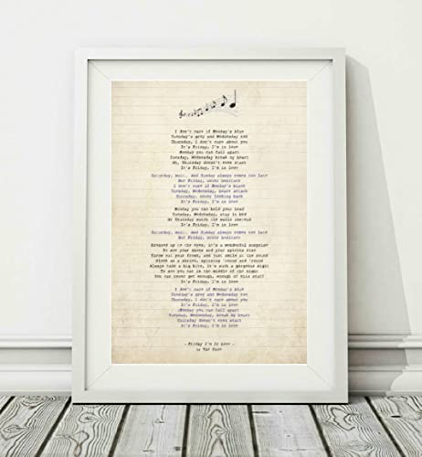 Kunstdruck mit Liedtext The Cure - Friday I'm In Love, ungerahmt, Größen A4 (29,7 x 21 cm) und A3 (42 x 29,7 cm) (A4)
