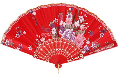 Tiuimk Éventail chinois japonais Art déco en plastique pliable pour femme, fête de mariage, décoration d'intérieur, rouge