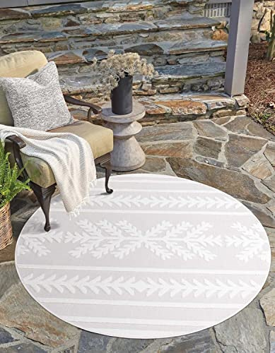 carpet city In-& Outdoor Teppich - Rund 160 cm - für Innen-& Außenbereich - Wetterfest Balkon-Teppich, Terrasse, Flur, Küche - Wohnzimmer-Teppiche - Hochtief/ 3D-Effekt - Ethno-Optik in Creme