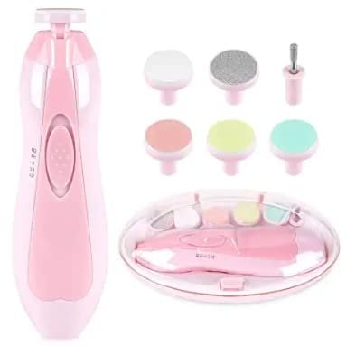 Baby Nail File 6 in 1 Baby Nail Electric Clippers for Newborn or Toddler Toes and Fingernails Whisper-Quiet with LED Front Light Battery Operated Pink