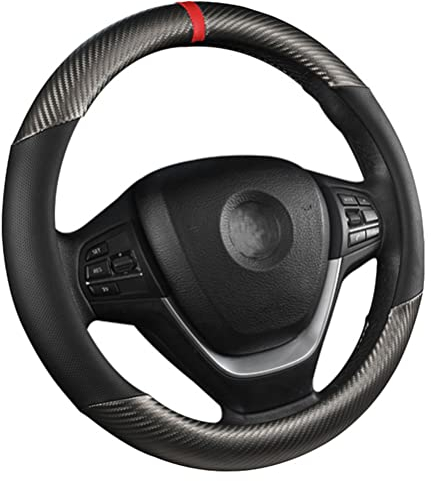 AUTOXBERT Carbon Fiber Car Steering Wheel Cover Universal Leather Steering Wheel Cover Non-Slip Car Steering Wheel Protector Breathable Sport for Diameter 38cm
