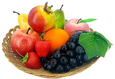 Lorigun 9 PCS Künstliche Früchte, Falsche Früchte für Dekoration Lebensecht, Assorted Faux Fruits Decor for Dining Table Display Fruits Pack Party Chirstmas Decortion Red Apple Grape Peach Oranges