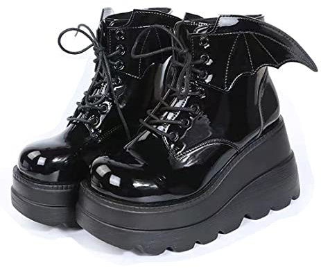 Ulalaza Dark Bat Wing Stivaletti per Donna Zeppa Chunky con Piattaforma Sassy Stivale Punta Rotonda Allacciatura Cerniera Laterale Tacco Alto Stivale Donna Tessuto Elasticizzato Morbido Delicato