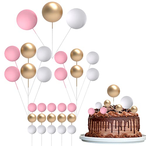 30 Pcs Mini Balloon Cake Topper, Pink and Gold Foam Balls Cake Decorations, DIY Foam Ball Pearl Ball Cupcake Topper for Baby Shower Wedding Anniversary Birthday Party