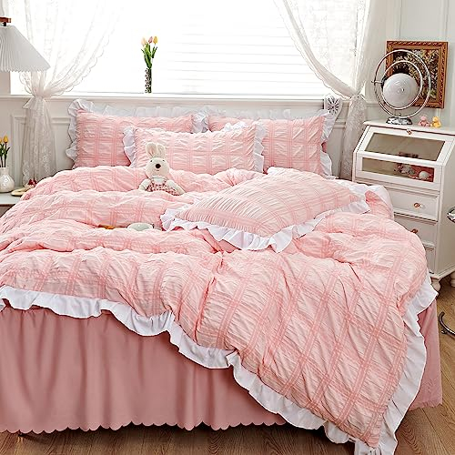 GETIYA Romantisch Bettwäsche 135x200 4Teilig Hellrosa Seersucker Bettwäsche mit Rüschen Flauschige Mikrofaser Bettwäsche Mädchen Damen Rosa Bettbezug Unifarben mit 2 Kissenbezug 80x80