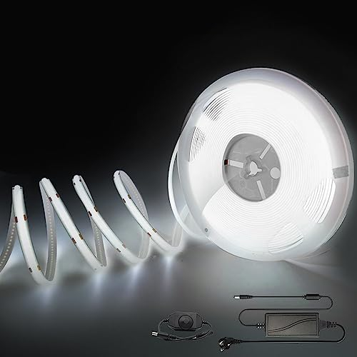 Arote Ruban LED COB 10m Blanc froid 6000K 24V, Bande LED Avec un gradateur et une alimentation électrique Flexible Haute Densité 320LEDs/m Dimmable IP20 pour TV Rétro-éclairage Chambre Cuisine
