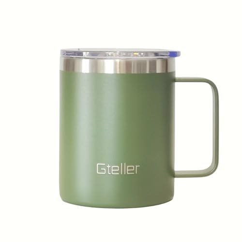 Gteller 12oz Coffee Mug With Handle, Double Wall Stainless Steel Insulated Lowball Tumbler Keeping Hot and Cold (Olive green)