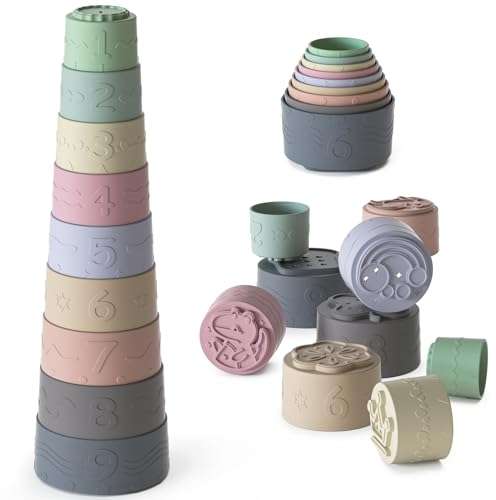 Lot de 9 Jouet Tasses Empilable pour bébé 12 18 Mois, Éducatif Enfant Construction Jeux, Jouets de Bain pour Développer La Motricité Fine et Couleurs & Nombres, Cadeau pour 6 Mois Garçons Filles