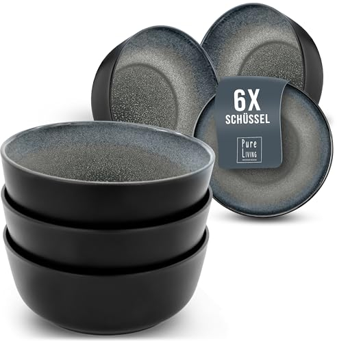 Juego de 6 Cuencos para Muesli Ibiza en Gres - Vajilla Completa Moderna para 6 Personas con Platos - Cuencos Pequeños Aptos para Lavavajillas y Microondas - Pure Living en gris oscuro