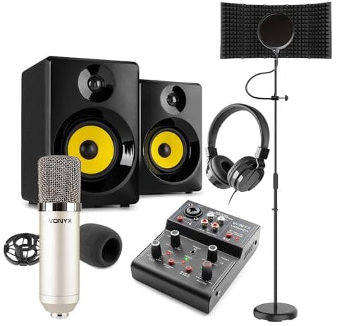 VONYX CM400 Complete Home Studio Recording Package with Studio Condenser Microphone, USB Mixer Interface, Monitor Speakers, Headphones & Reflection Filter Kit
