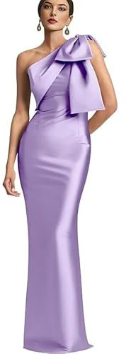 Mkojaa Robe de bal asymétrique avec nœud en satin Robes de demoiselle d'honneur Robe de demoiselle d'honneur Longue Fourreau Colonne Robes de mère de la mariée, lilas, 22