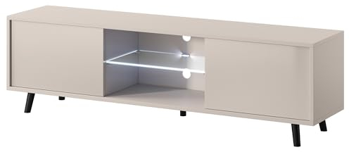 Selsey Meuble TV Debout sur Pieds Noirs Armoire De Télévision avec Éclairage LED 140 cm Beige Gris Lefyr