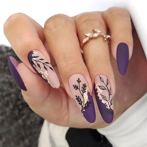 24pcs Long Oval Purple Matte Stick-On Nails With Glitter Gold Black Leaf Design - Press-On, Removable, Full Cover for Women - Bridal Nail Art Accessories