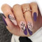 24pcs Long Oval Purple Matte Stick-On Nails With Glitter Gold Black Leaf Design - Press-On, Removable, Full Cover for Women - Bridal Nail Art Accessories