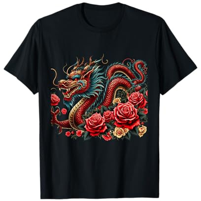 Masque D'anime Japonais Kitsune Dragon Chinois Avec Rose T-Shirt
