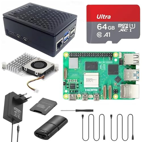 Vemico Raspberry Pi 5 8GB Starter Kit Tarjeta 64GB Pi 5 Carcasa con Active Cooler Fuente de alimentación 27W 5.1V5A USB-C 2 HD out Cables USB Lector de Tarjetas Adaptadores de Tarjetas