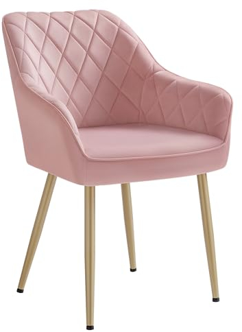 SONGMICS Esszimmerstuhl, Küchenstuhl, Sessel, Samt, Polsterstuhl mit Armlehnen, Loungesessel, bis 120 kg belastbar, Metallbeine, für Esszimmer, Küche, pastellrosa-blassgold LDC088R01