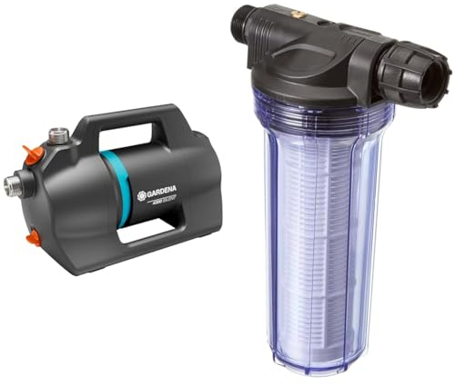 Gardena Gartenpumpe 4300 Silent & 01730-20 Pumpen-Vorfilter 180 mm x 33,25 mm (1) AG, 30,3 mm (1) IG Kunststoff, Standard, bis zu 6000 l/h