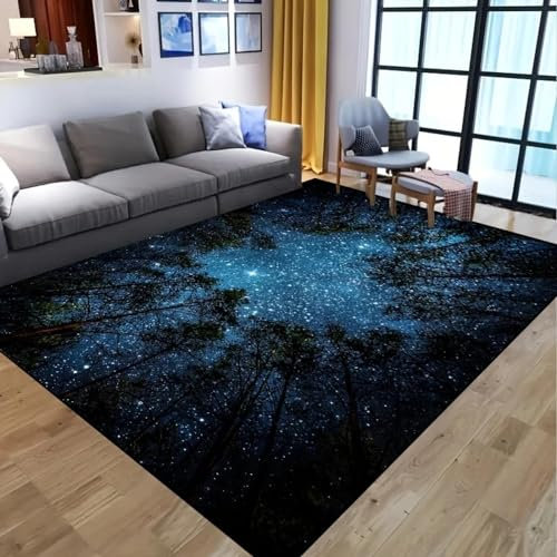 JGGXHM Fußmatten mit Sternen, Sternenhimmel und Wald, Badezimmerteppich, rutschfest, wasserabsorbierend, für Wohnzimmer und Schlafzimmer, 150 x 240 cm