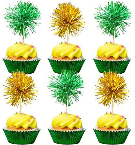 Gyufise 30Pcs Foil Firework Cupcake Toppers Sparkle Tinsel Cake Toppers Tinsel Drink Cake Decoration Cocktail Picks for Birthday Wedding Graduation Party Supplies Gold Green