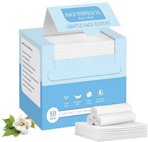 Face Towel Disposable, Soft Lint-Free Biodegradable Towels, Thick Face Towelettes, Makeup Remover Dry Wipes, Clean Face Cloths for Sensitive Skin, 50 Count