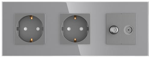 PULSAR Sat Kabel Dose Unterputz mit 2 Steckdosen 3-Fach Glas Grau, Steckdose x2 mit Kabel Anschlussdose und SAT UP Dose/Antennendose, TV SAT/Kabel/Steckdose x2 Kombination