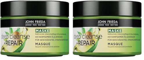 John Frieda - Deep Cleanse & Repair Maske/Kur - Inhalt: 250 ml - Mit Hanfsamen-Öl + nährender Avocado - Beruhigende Haarmaske für strapaziertes Haar (Packung mit 2)