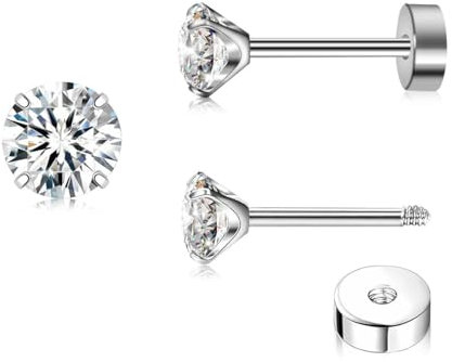 ZDE Titan Damen flache Ohrringe für Frauen Zirkonia Ohrstecker flache zurück Ohrringe hypoallergen Knorpel Flatback Ohrring Tragus Helix Tragus Conch Piercing (Silver, 3mm)
