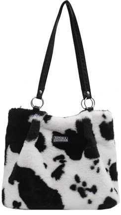 JOERBABU Tasche für Damen, stilvolle weiße Kuh-Muster, Plüsch-Schultertasche mit reichlich Stauraum, Handtasche, praktisch für den täglichen Gebrauch, kuh, Plush