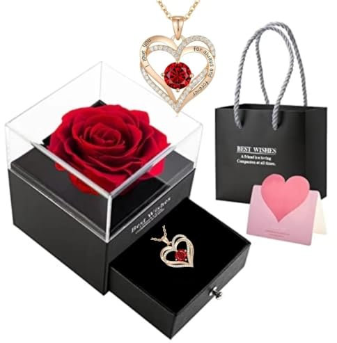 Biglumin Rose Eternelle avec Bijoux pendentif coeur fleur eternelle Conservée Préservés Vraie Cadeau Femme Anniversaire Saint Valentin Noël Fête des Mères Cadeaux pour sa Femme Maman Grand-Mère Copine