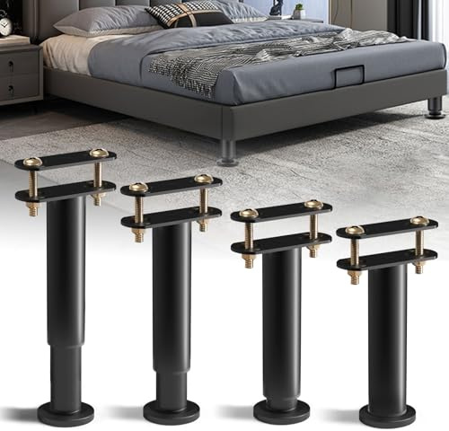 Bocguy 4 Stück Bett Füße, Möbelfüße Verstellbar, Höhenverstellbare Füße, T-Form Metall Bettstütze, Einziehbar Stützfuss für Bett Mittelbalken für Bettstütze, Sofa, Schrank, Tisch(Schwarz, 25-42CM)