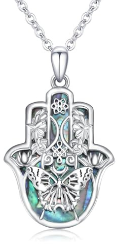 YEESIA Hand der Fatima Halskette Damen 925 Sterling Silber Hand der Fatima Anhänger mit Abalone Amulett Schmuck für Mutter, Ehefrau und Großmutter