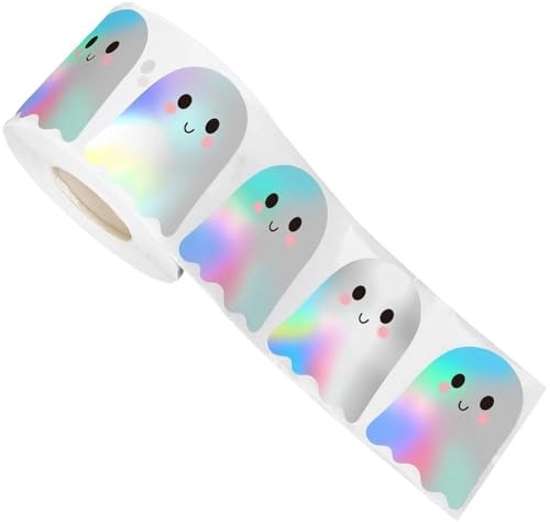 HiyyFloy Halloween-Geister-aufkleberrolle, Süßer -Geist, Holografische, wasserdichte, Selbstklebende Aufkleber Für Umschläge, Tagebuch, Dekoration, Partyzubehör, 500 Stück