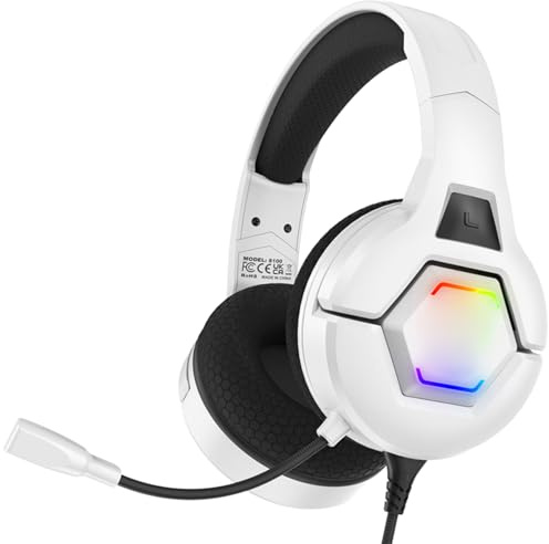 Docooler 3.5mm Gaming Headset with Omnidirectional Microphone, Over Ear Game Headset with RGB Lighting, Volume Control for Smartphone, Laptop, Desktop PC, Gaming Console (Weiß)