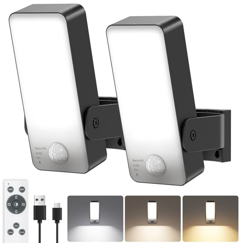 Motion Sensor Lights Outdoor, 10000mAh Rechargeable Wall Lights Battery Operated with Remote 3 Modes,3000-6000K Dimmable Timer, IP65 Waterproof LED Security Lights for Garden,Patio,Garage - 2 Pack