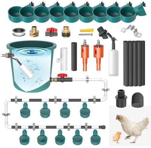 Ysislybin Hühnertränke, Automatischer Geflügeltränke Wassertränke mit 9 Trinkbechern und 10 Wasserrohren, Hühner Futterautomat Ventilgesteuerte Hühnerbewässerung für Hühner, Enten, Gänse, Truthahn