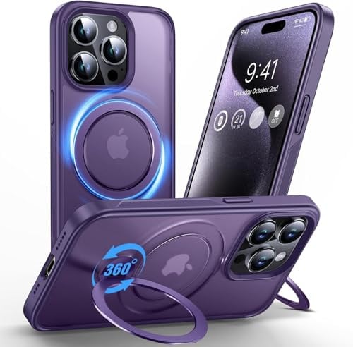 Anqrp 360° ALL-in-ONE Stand Case for iPhone 15 Pro with Rotatable Magnetic KickStand Ring Holder, Compatible with MagSafe, MIL-Grade Shockproof iPhone 15 Pro Phone Case Cover 6.1 Purple