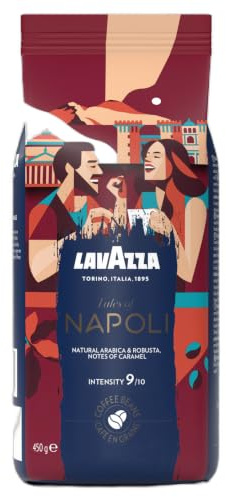 Lavazza, Tales of Napoli, Kaffeebohnen, Ideal für Espresso-Kaffeemaschinen, mit Aroma Noten von Kakao und Karamell, Arabica und Robusta, Intensität 9/10, Dunkel Röstgrad, 450 g