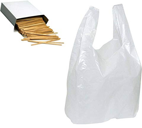 2000 Stück Hemdchen Tragetaschen Plastik, 25+12x45cm Weiß +100 Rührstäbchen | Tüten, Plastik-Beutel, Mit Rührstäbchen