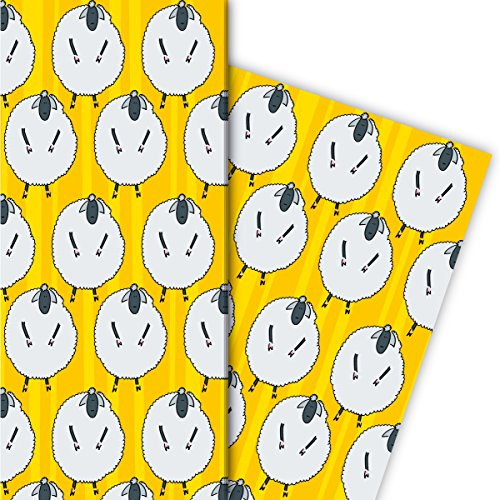Fröhliches Geschenkpapier mit Schafen für tolle Geschenk Verpackung und Überraschungen 32 x 48cm, in gelb