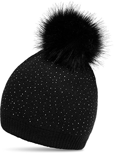 Caspar MU191 Damen Fein Strick Winter Mütze mit Fellbommel und dezentem Glitzer Strass, Farbe:schwarz, Größe:One Size