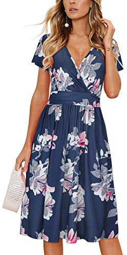 OUGES Damen Sommerkleid Kurzarm V-Ausschnitt Knielang Blumenmuster Midi Kleid mit Taschen(Floral05, L)